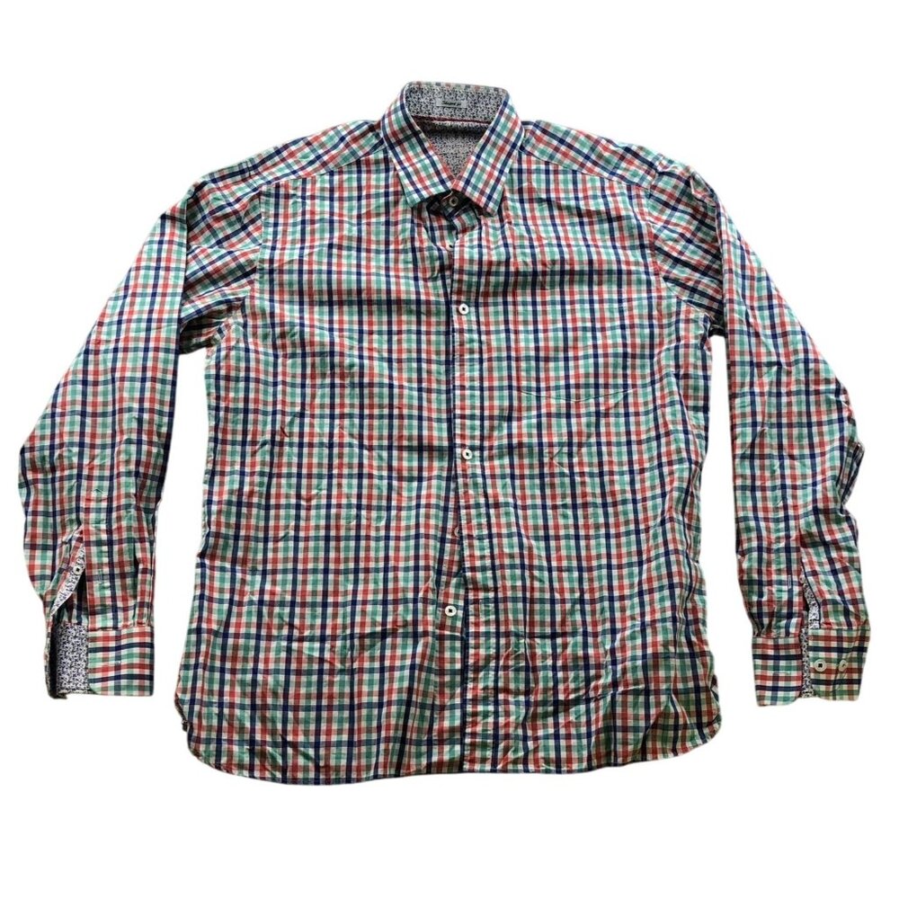 Bugatchi Mens Dress Shirt Medium Shaped Fit Long Sleeve Checkered Button Up Clas